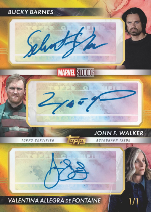 2026 Topps Vault Marvel Studios Triple Autographs Wyatt Russell as John F. Walker, Julia Louis-Dreyfus as Valentina Allegra de Fontaine, Sebastian Stan as Bucky Barnes MOCK UP