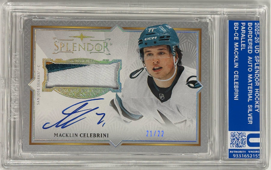 2025-26 Upper Deck Splendor Hockey Base Bordered Auto Relics Silver Macklin Celebrini