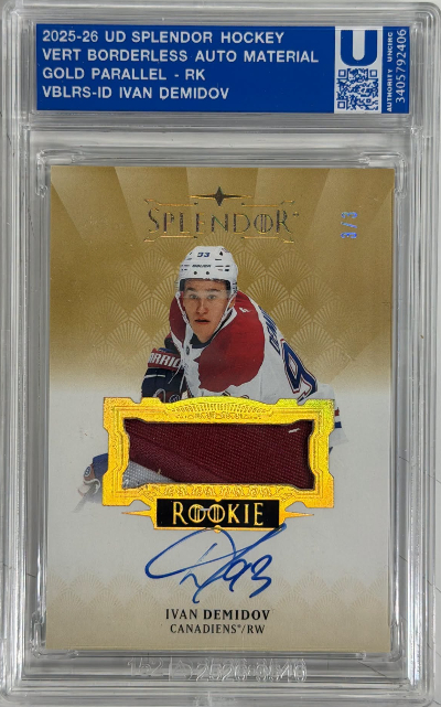 2025-26 Upper Deck Splendor Hockey Base Vertical Borderless Auto Relics Gold Ivan Demidov