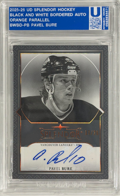 2025-26 Upper Deck Splendor Hockey Black & White Bordered Auto Orange Pavel Bure