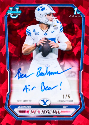 2026 Bowman Sapphire Football Chrome Prospects Auto NIL Red Sapphire Bear Bachmeier MOCK UP