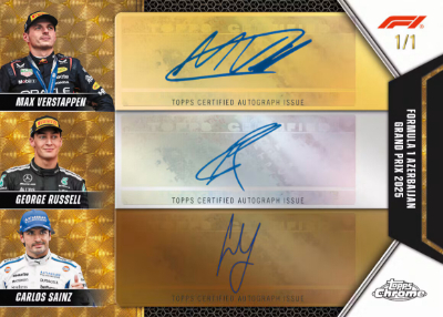 2026 Topps Chrome Formula 1 Racing Podium Triple Auto SuperFractor Max Verstappen, George Russell, Carlos Sainz MOCK UP