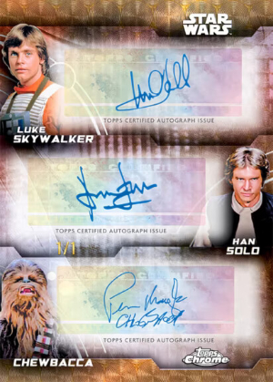 2026 Topps Chrome Star Wars Triple Auto SuperFractor Mark Hamill as Luke Skywalker, Harrison Ford as Han Solo, Peter Mayhew as Chewbacca MOCK UP 2026 Topps Chrome Star Wars Triple Auto SuperFractor Mark Hamill as Luke Skywalker, Harrison Ford as Han Solo, Peter Mayhew as Chewbacca MOCK UP